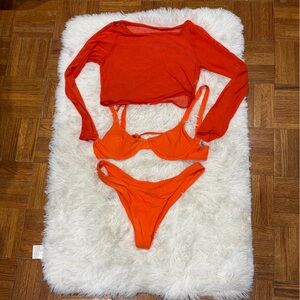 Bright Orange Bikini Set with Sheer Long Sleeve Cover